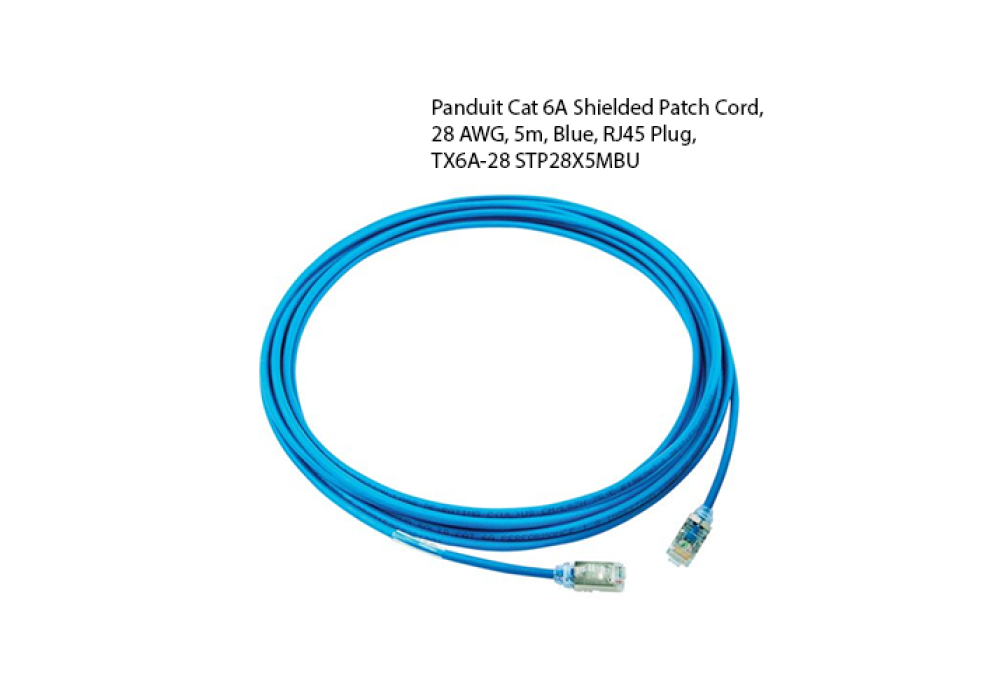 Panduit Cat 6A Shielded Patch Cord, 28 AWG, 5m, Blue, RJ45 Plug, TX6A-28 STP28X5MBU