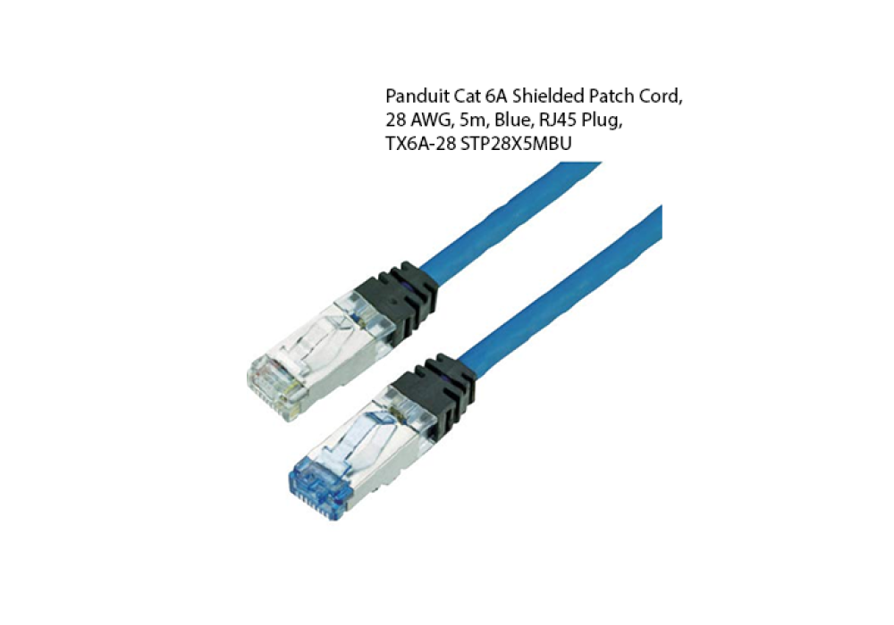 Panduit Cat 6A Shielded Patch Cord, 28 AWG, 5m, Blue, RJ45 Plug, TX6A-28 STP28X5MBU