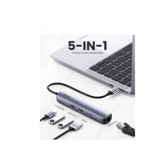 Ugreen CM418 Type-C Male to Dual USB 3.0, Type-C, HDMI & LAN Female Dark Gray Converter